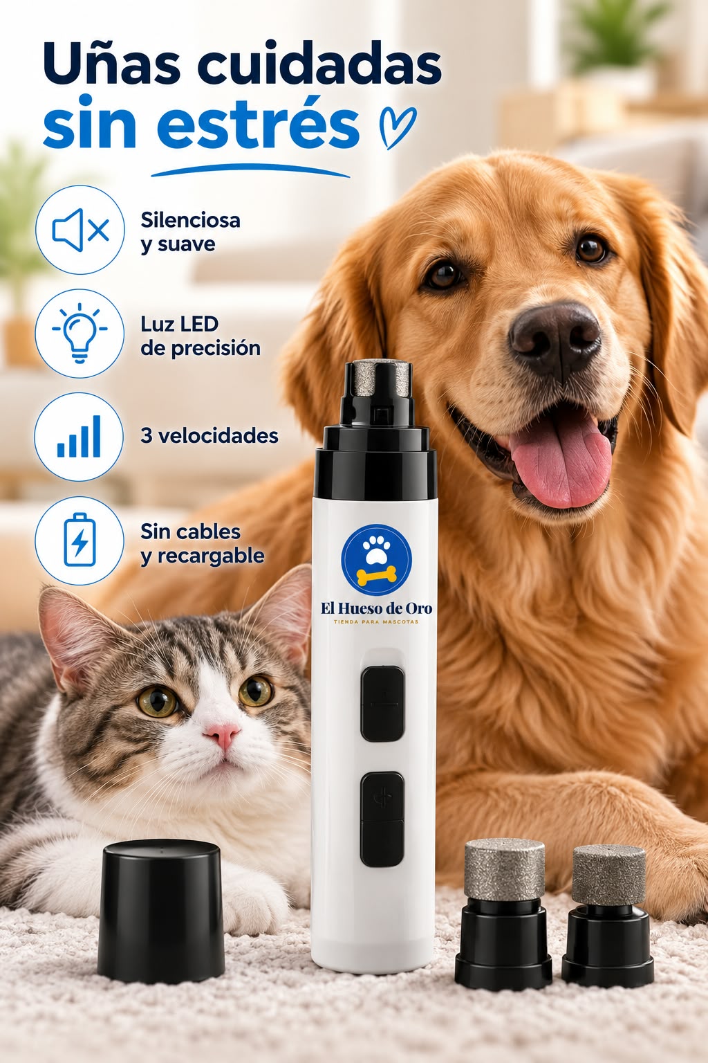Lima de uñas eléctrica para mascotas con pantalla LCD y doble luz LED – Recargable