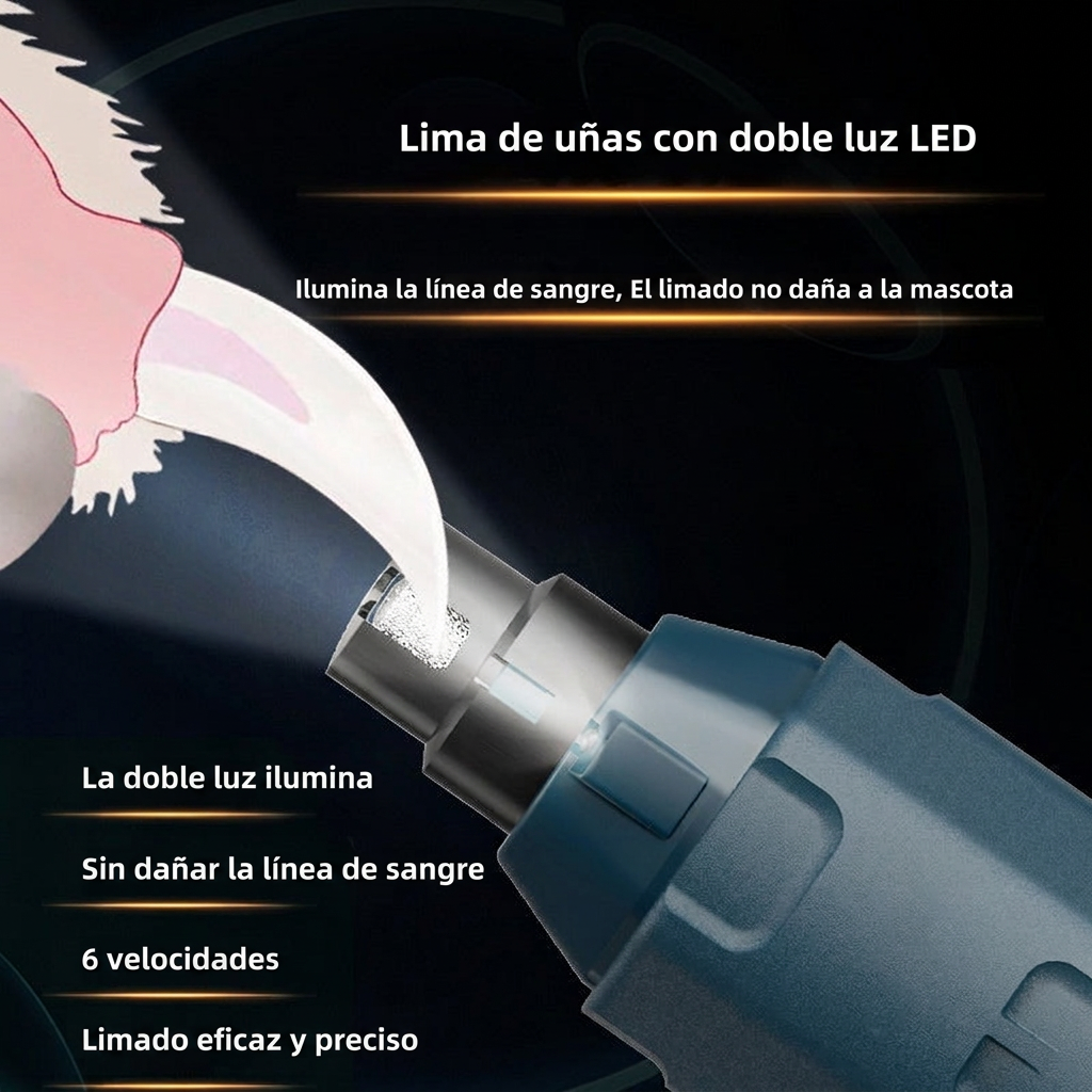 Cortauñas Eléctrico para Mascotas - 6 Velocidades, Luz LED y Recargable